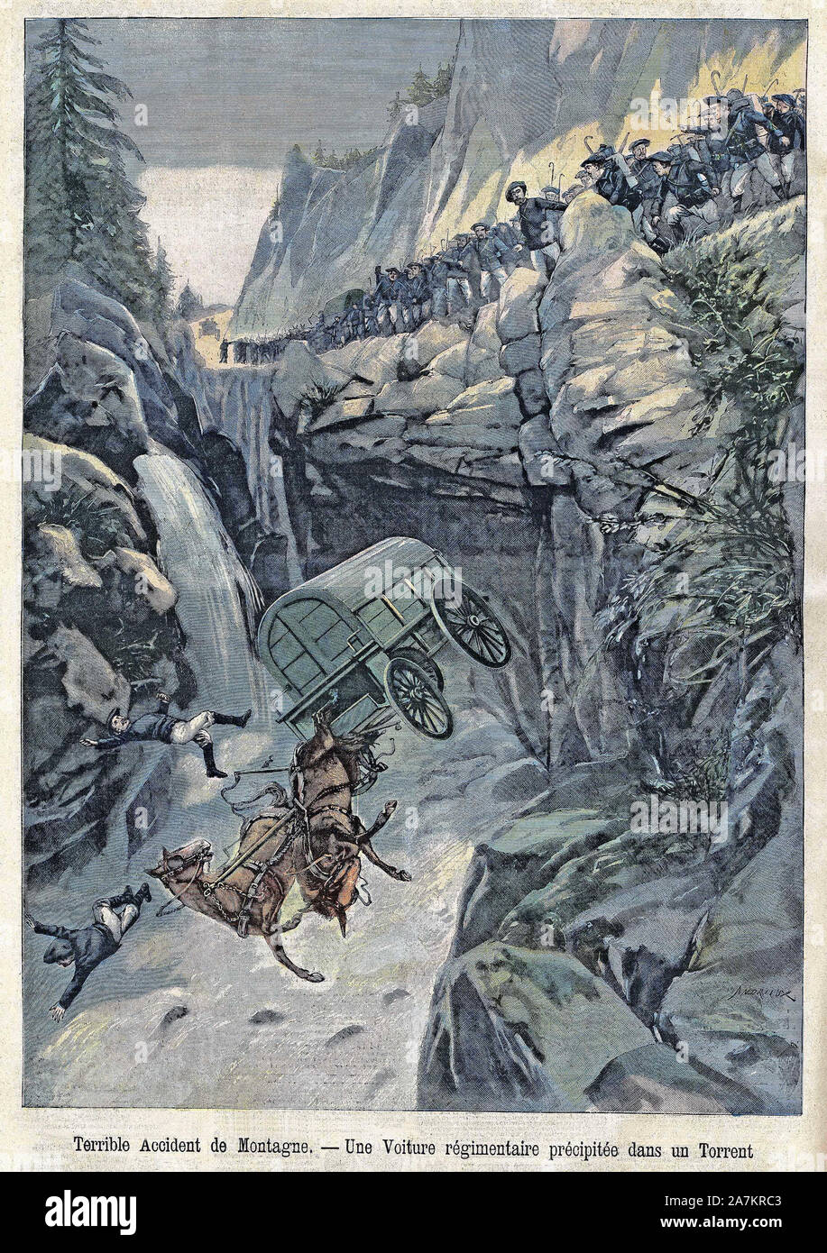 Unfall de Montagne, une voiture du 13e Bataillon des Chasseurs alpins Tombe dans un Ravin eine Epierre en Savoie. Tiefdruck in "Le Petit Parisien', le 17. Stockfoto