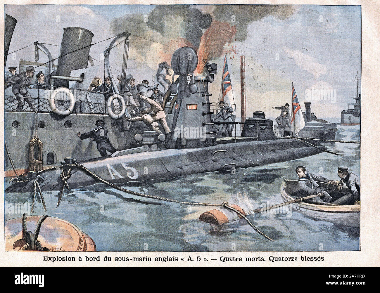 Explosion accidentelle a Bord du sous marin Anglais 'A5' ein Queenstown en Irlande, FAISANT 4 Morts. Tiefdruck in "Le Petit Parisien', le 05/03/1905. Stockfoto