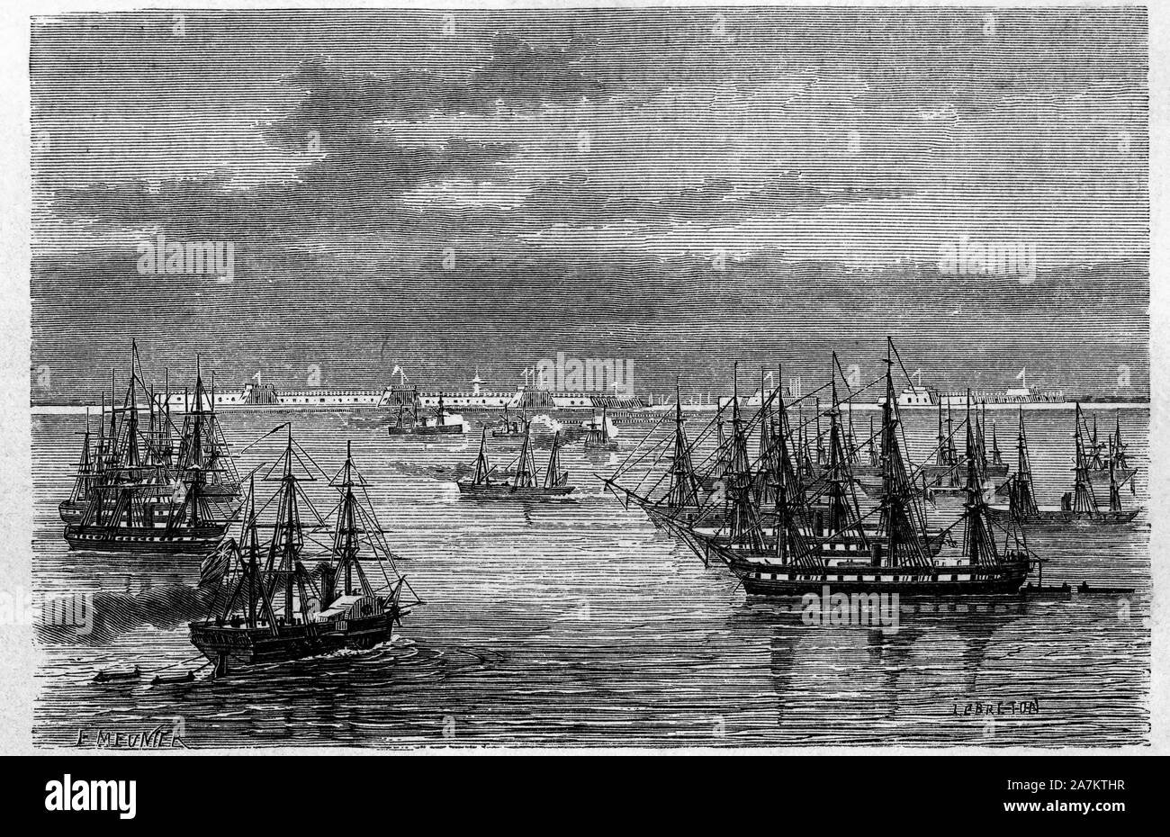 Vue de l'Escadre anglo Francaise dans l'Embouchure du fleuve Hai Er dans la Mer de Bohai ein Tanggu, Chine. Tiefdruck de Lebreton, in "Le Tour du Monde, N Stockfoto