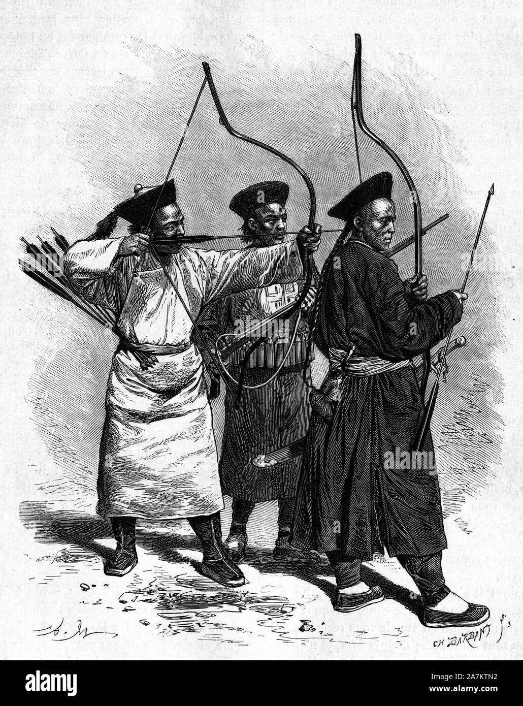 Portraits de Trois Bogenschützen chinois en costume Traditionnel, dans les annees 1870. Gravure d'après un Dessin de Marie, d'après une / de Thom Stockfoto