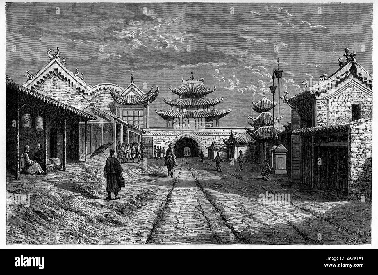 Vue d'une Rue 'Youn Tchen Sian', Chine. Gravure d'après un Dessin de A. de Bar, in "Le Tour du Monde, Nouveau Journal des Voyages', sous la Directio Stockfoto