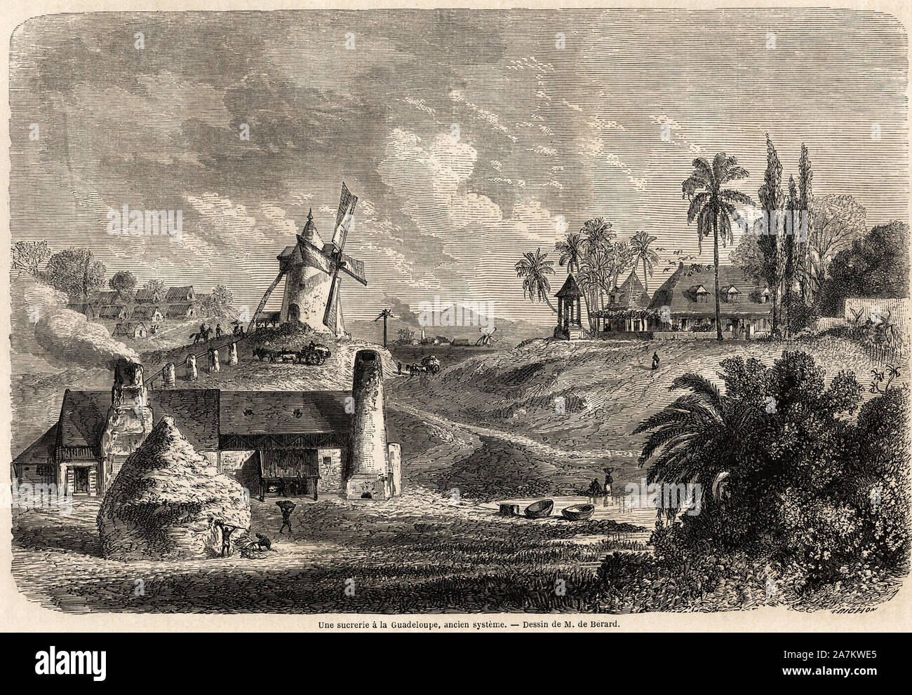 Une sucrerie a la Guadeloupe, dessin de Auguste de Berard (1824-1881), illustrer pour les voyages Aux Indes occidentales, en 1858-1859, de Anthony Tro Stockfoto