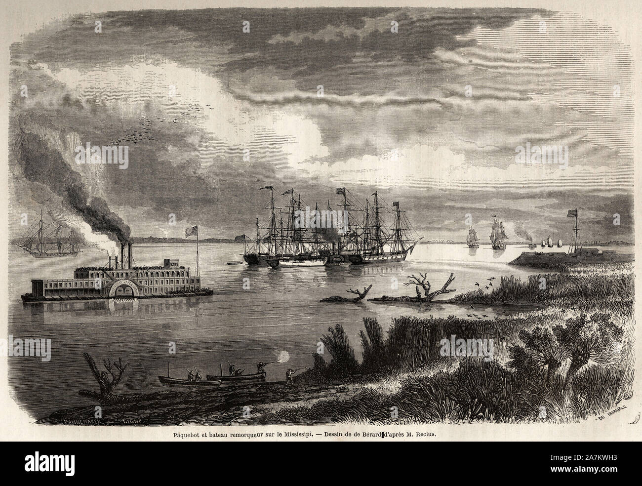 Paquebot et bateau sur le remorqueur Mississippi, dessin de Evremond Auguste de Berard (1824-1881), Gießen illustrer Le Voyage à la Nouvelle Orleans, en Stockfoto