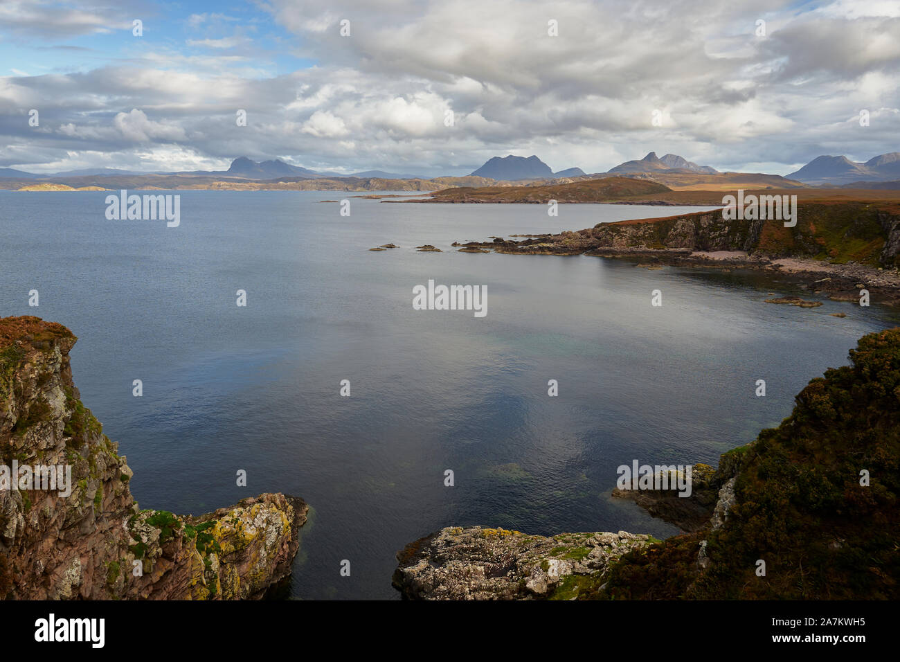 Suilven, Cul Mor, Stac Pollaidh und Cul Beag gesehen über achnahaird Bay, Wester Ross, Highland, Schottland Stockfoto