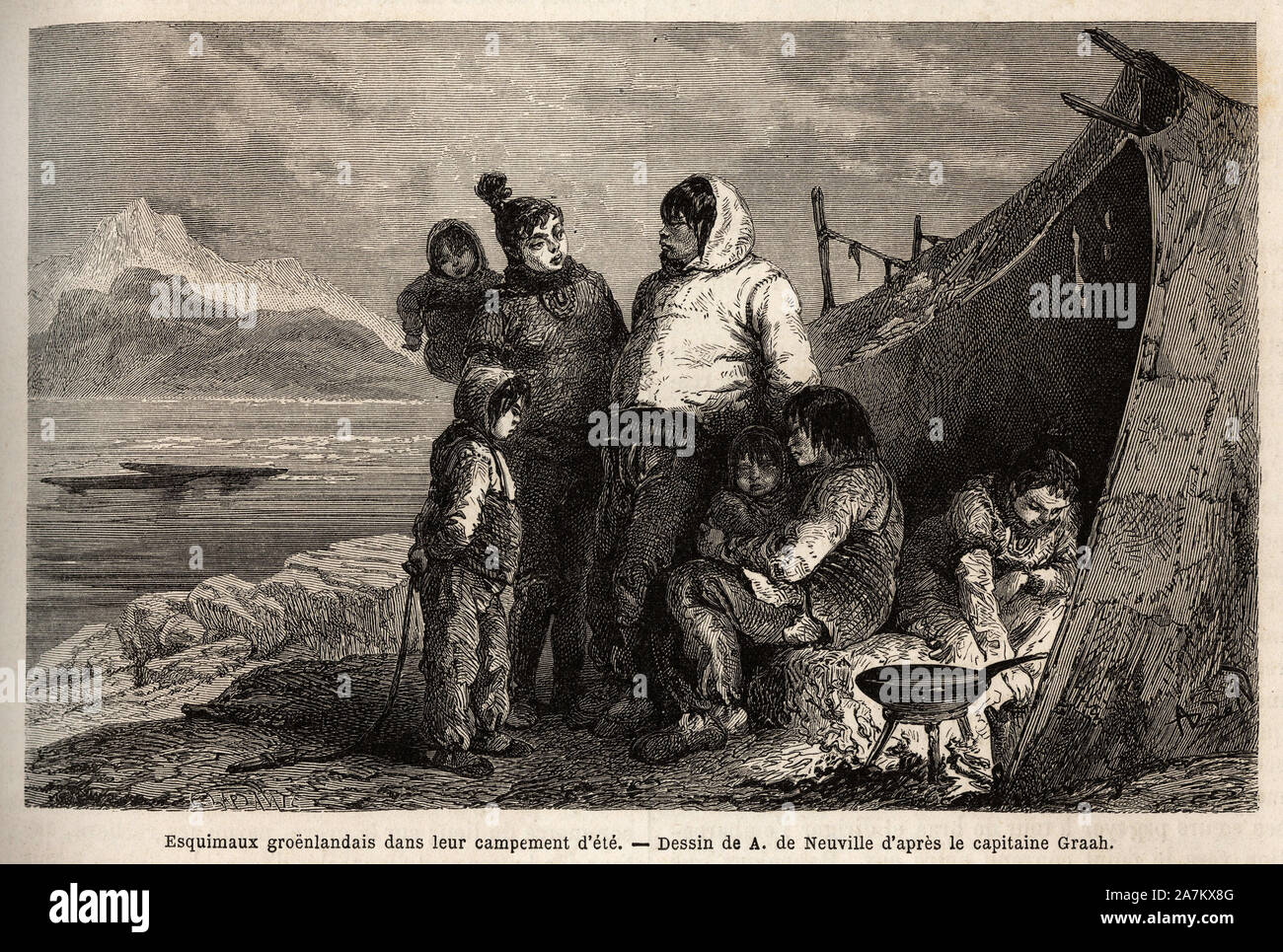 Une famille d'Inuit du Groenland dans Leur campement d'ete en Toile de Peaux. Tiefdruck gießen illustrer Le Voyage à la mer Libre du Pole arctique, du doc Stockfoto