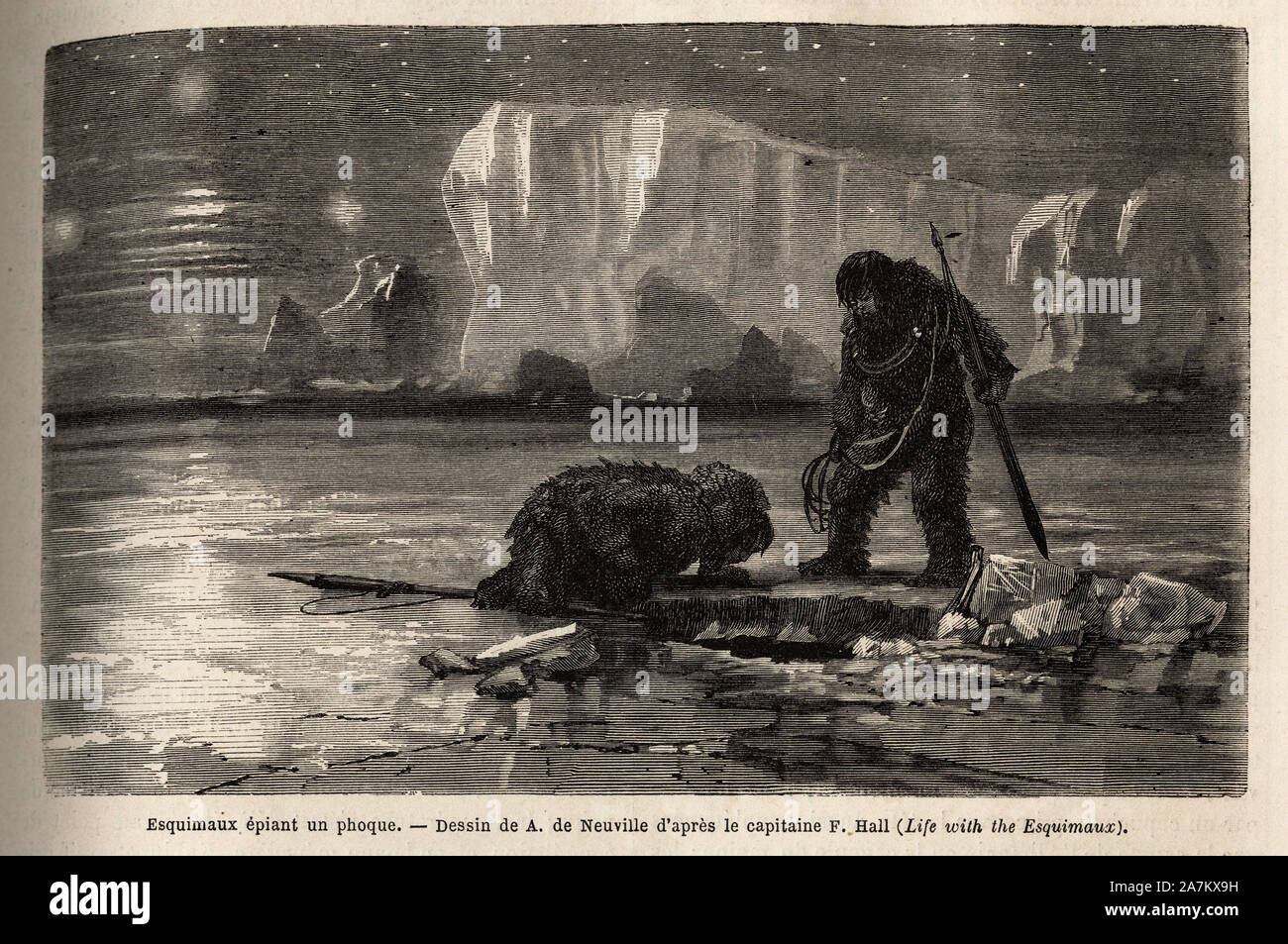 Chasseurs eskimaux epiant un-Phoque par un trou Creuse dans ein banquise, patientant a la tombee de la nuit, pour le harponner. Tiefdruck gießen illustrer l Stockfoto