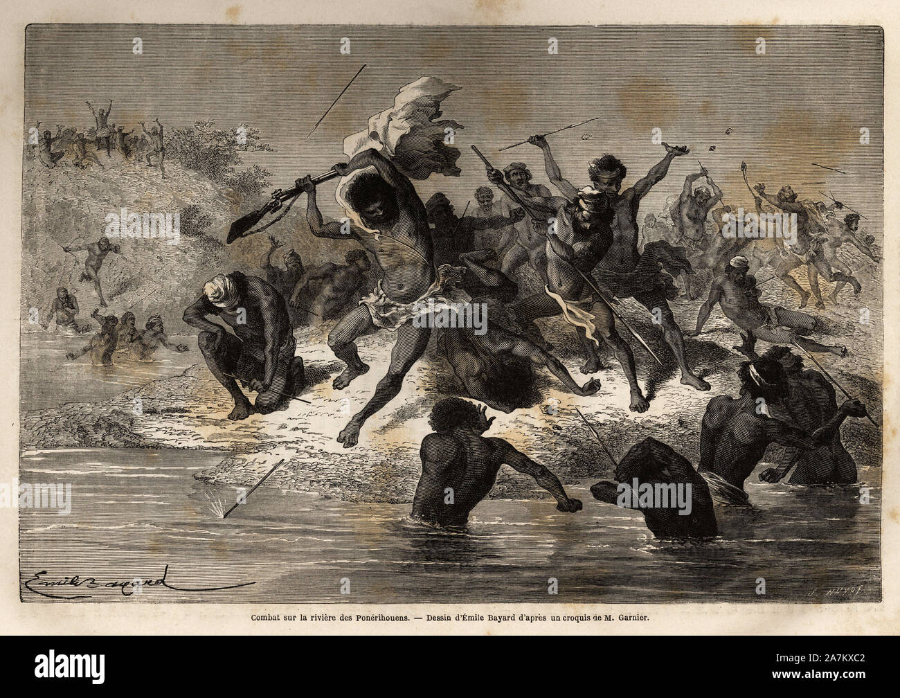 Bekämpfung sur la Riviere (Entre les Tribus houindo et ponerihouen), Situe dans le Nord de la Nouvelle Caledonie. Tiefdruck gießen illustrer Le Voyage à la N Stockfoto