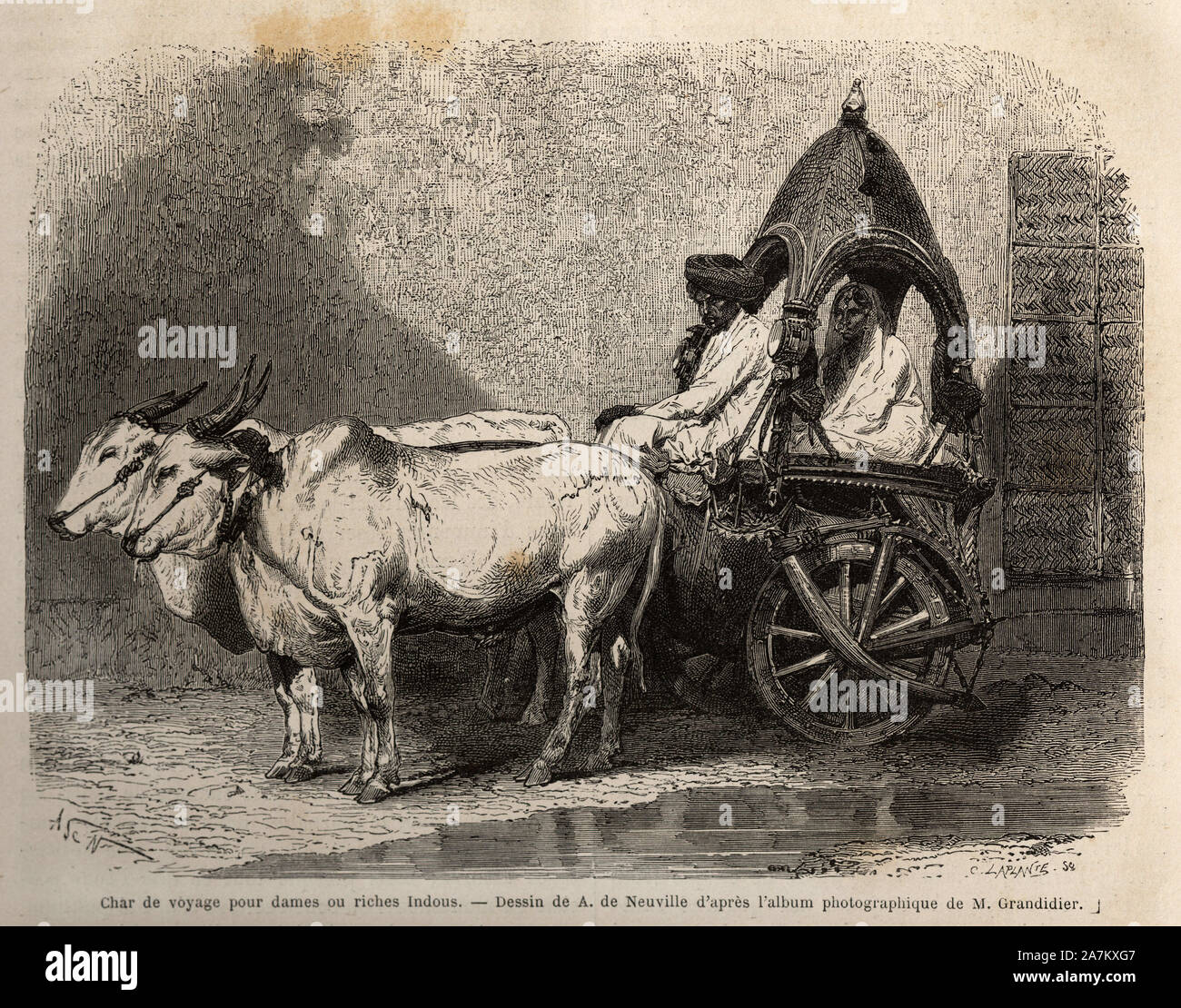 Un-char de voyage Reifen par Deux boeufs Blancs, pour Dames ou hindous Vermögen. Tiefdruck gießen illustrer Le Voyage dans les Provinces meridionales de l'I Stockfoto