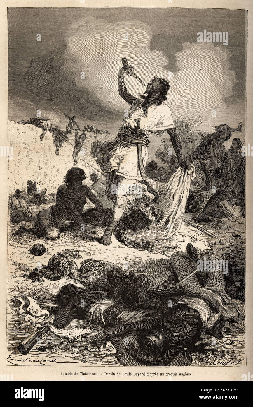 Le suicide de l'Empereur (NEGUS) d'Ethiopie Theodoros II (Tewodros) (Vers 1818-1868), le 13 avril 1868, après la prise de Magdala par les Anglais, ou Stockfoto