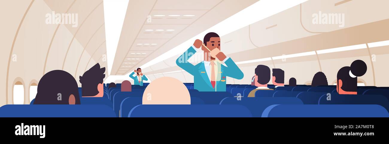 Steward erklären, für die Fahrgäste, wie Sauerstoff Maske im Notfall afrikanische amerikanische männliche Flugbegleiter Sicherheit demonstration Konzept moderne Flugzeug board Innere horizontale Vektor Illustration zu verwenden Stock Vektor