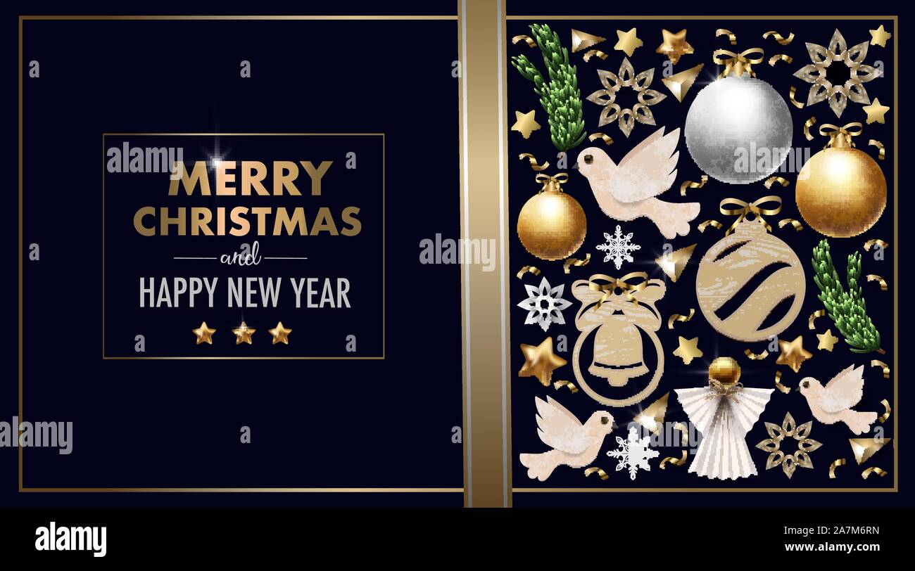 Weihnachten Banner oder Postkarte mit Kugeln, Kiefer, Engel und Schneeflocken. Vektor. Stock Vektor