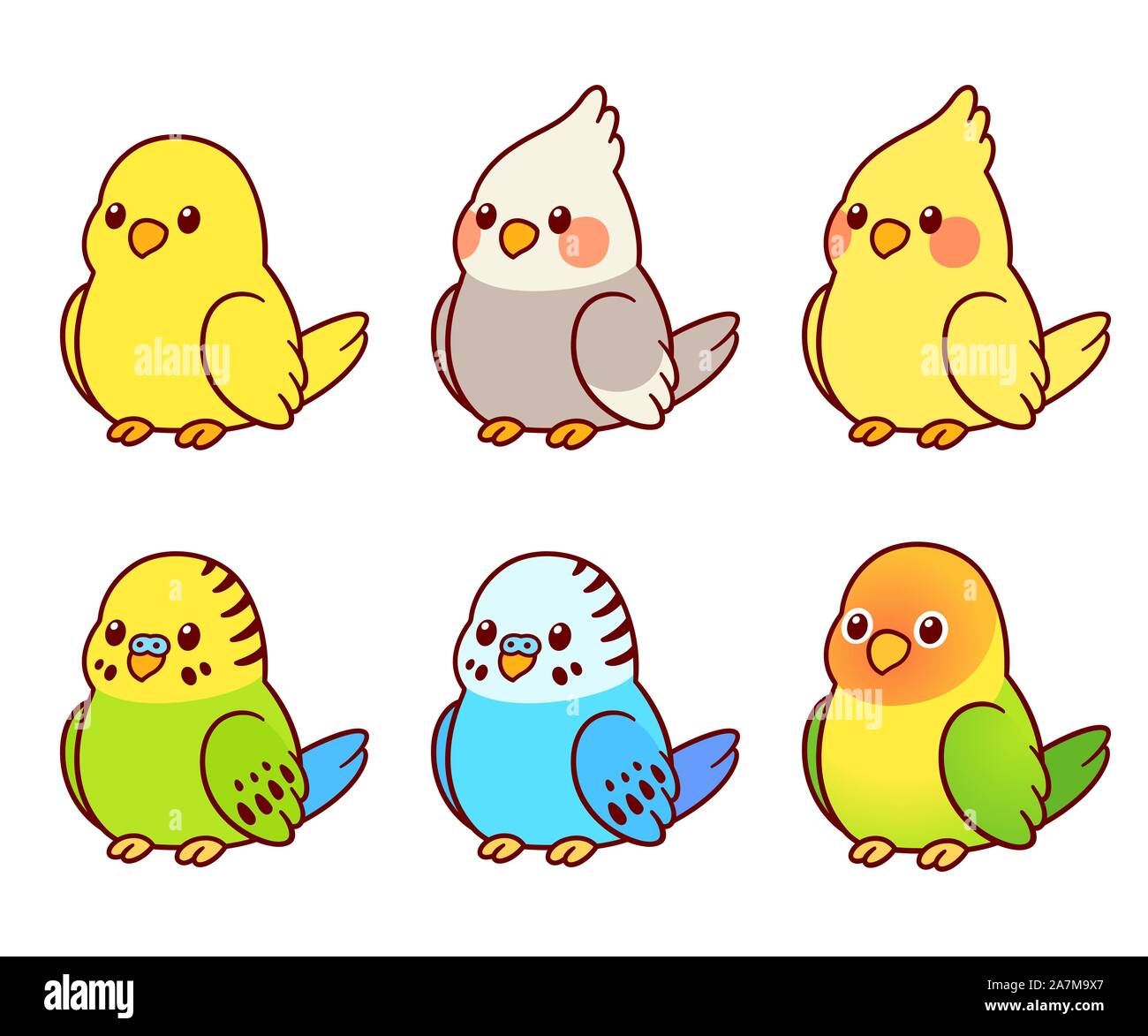 Cute cartoon Pet Vögel Abbildung. Nymphensittich, Wellensittich, Kanarienvogel, lovebird. Kleine Papageien isoliert Vector clip art. Stock Vektor