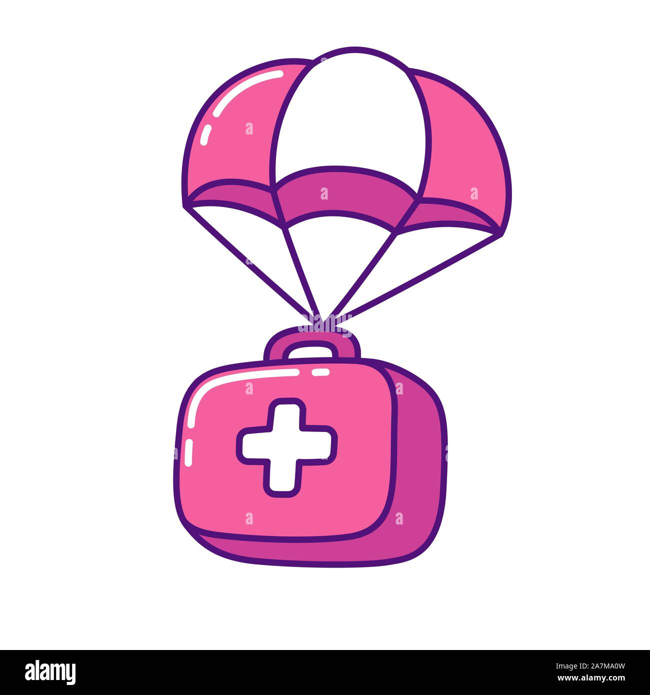 Cartoon First Aid Kit fallen mit Fallschirm. Medizinisches Zubehör box Doodle, schnelle Hilfe. Isolierte vector clip art Illustration. Stock Vektor