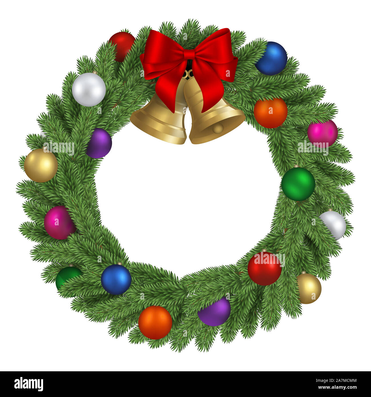 Weihnachten kiefer Kranz mit roter Schleife, bunte Kugeln und goldene  Glöckchen Stockfotografie - Alamy