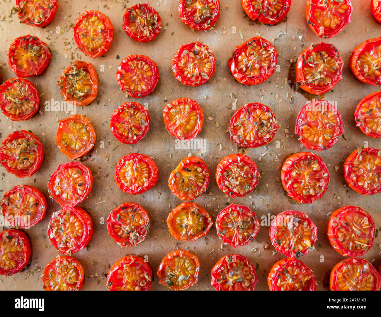 Backblech mit Reihen von gewürzter gebackener oder gerösteter Kirsche Tomaten Stockfoto