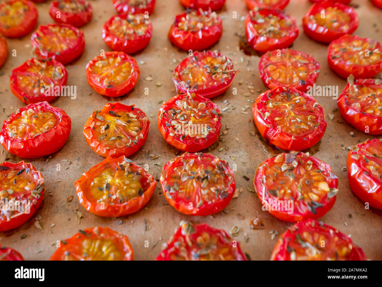 Backblech mit Reihen von gewürzter gebackener oder gerösteter Kirsche Tomaten Stockfoto