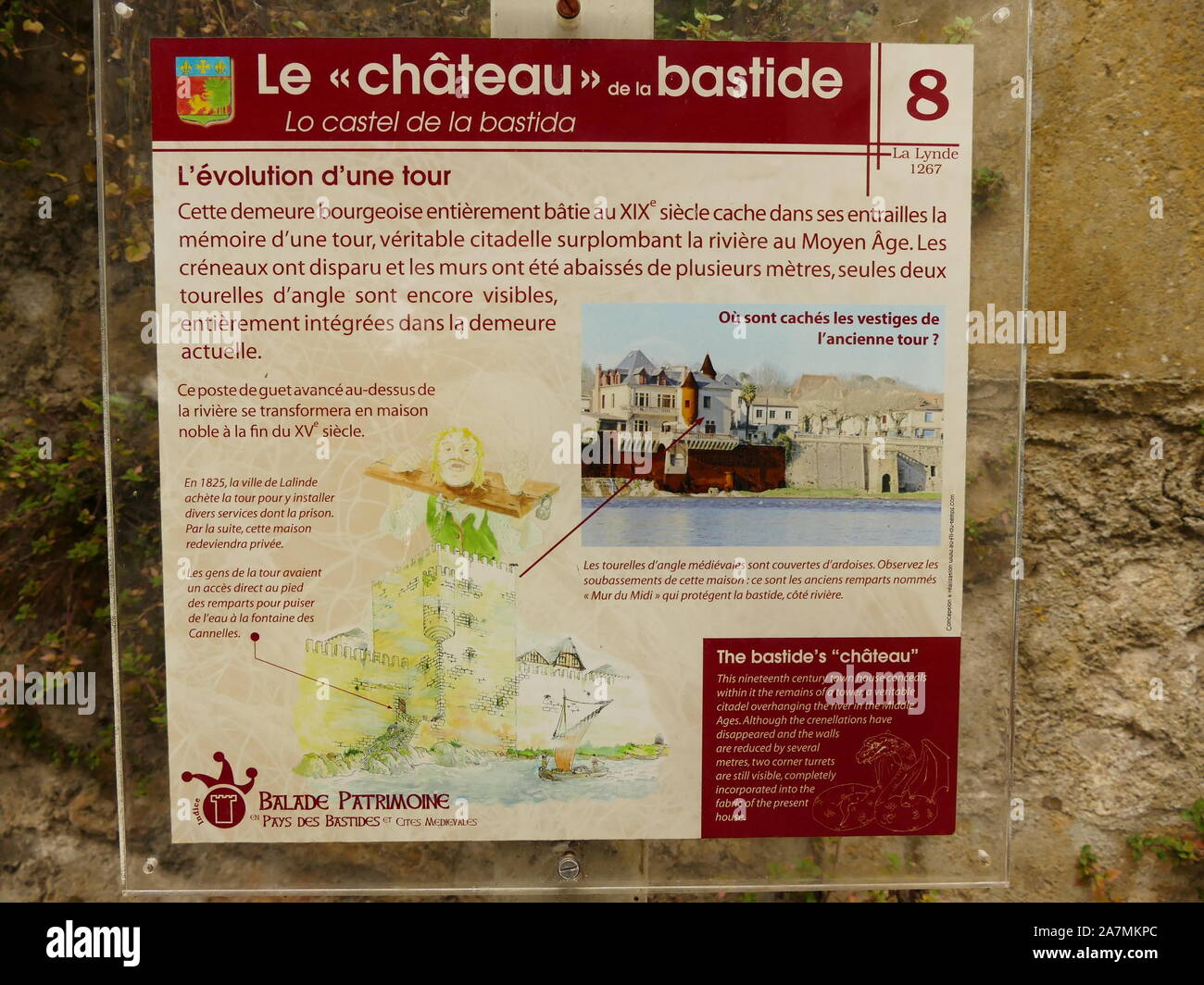 "Pas de Deux" der Wan-See' auf der Dordogne mit Blick auf die Bastide von Lalinde in neuen Aquitaine Stockfoto