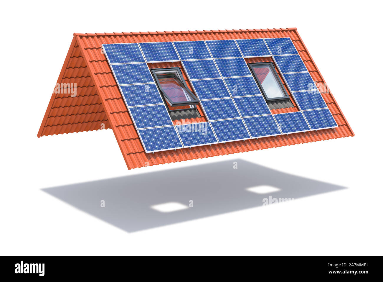 Solarmodul auf keramischen Fliesen Dach mit Windows isoliert auf Weiss. 3D-Darstellung Stockfoto