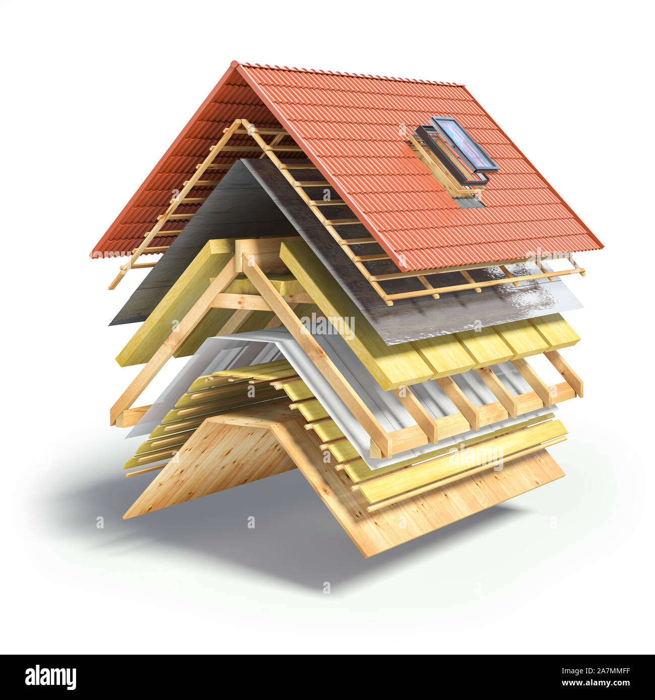 Bau von Dach aus Keramikfliesen. Abdeckung am Dach in Schichten isolaetd auf Weiß. 3D-Darstellung Stockfoto