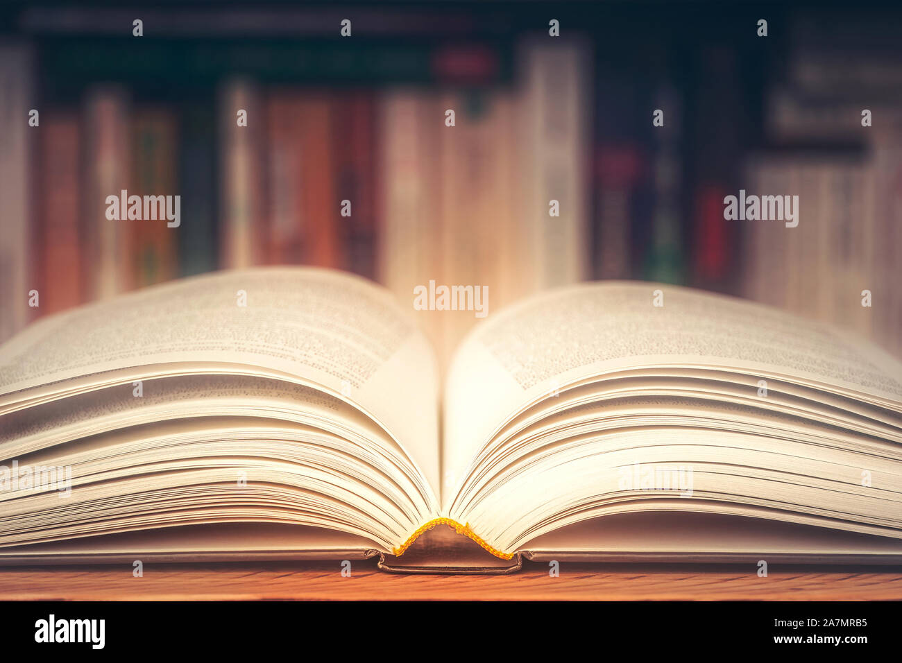 Buchen Sie Nahaufnahme mit verschwommenen boolshelf im Hintergrund geöffnet. Getonten Bild mit verträumten Blick. Literatur, Lesen, Wissen, Studie, Roman, Alphabetisierung anhand von quantitativen Simulatio Stockfoto