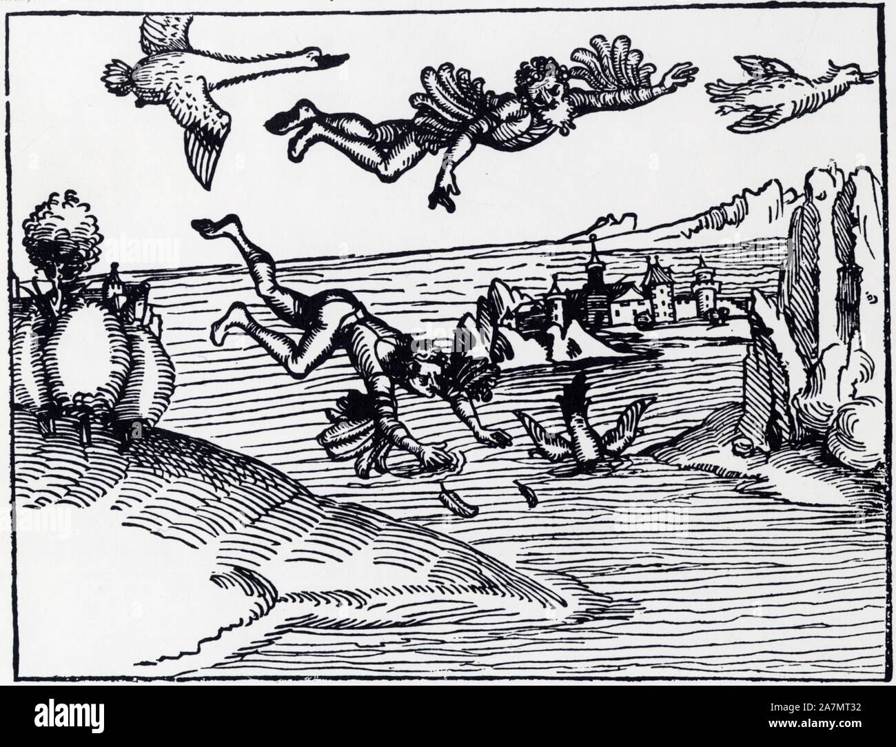 Le vol légendaire de Dédale et d'Icare réalisant le plus vieux rêve de l'homme,selon la mythologie grecque.d'après une Gravure sur bois du XV ème sièc Stockfoto