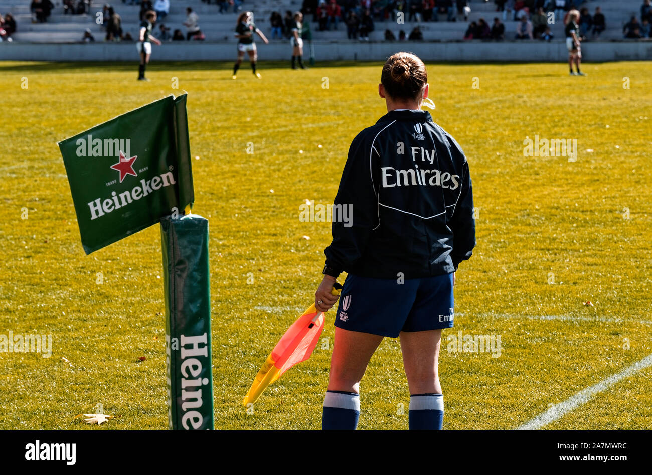 Estadio Nacional Universidad Complutense, Madrid, Spanien. 3. November 2019. Berühren Sie beurteilen. Rugby Test Match Spanien Frauen v Wales Frauen in Madrid, Spanien. EnriquePSans/Alamy leben Nachrichten Stockfoto