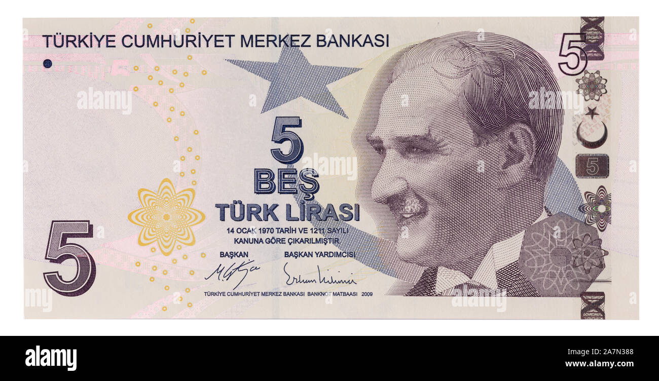 Banknoten 5 Türkische Lira vor, haben einen Freistellungspfad Maske  Stockfotografie - Alamy