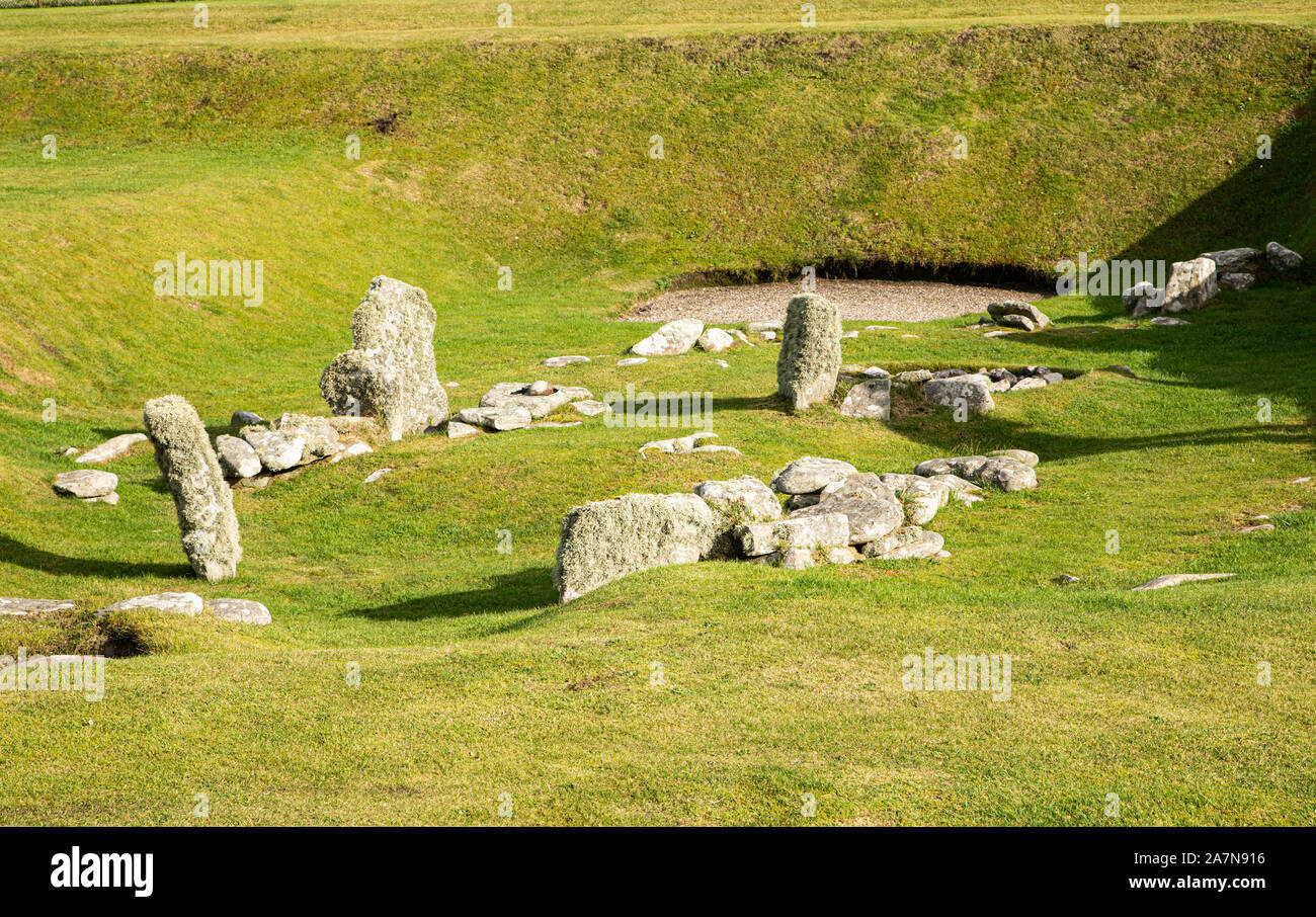 Der Grundriss eines neolithischen oder steinzeitlichen Gebäudes in der Jarlshof Siedlung auf der Festlandinsel der Shetland Inseln, Schottland Stockfoto