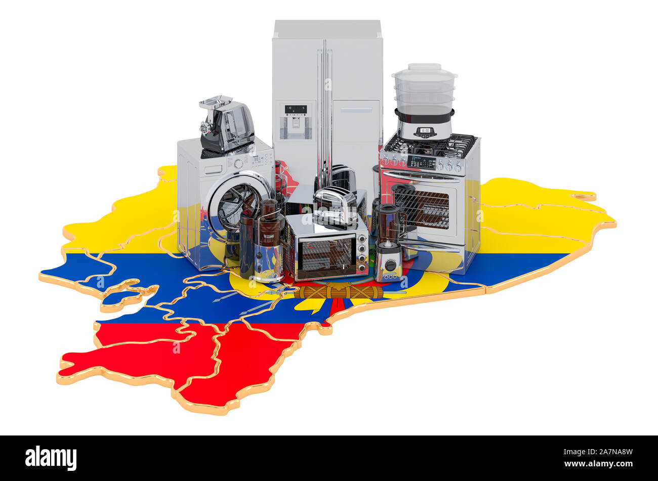 Küche und Hausgeräte auf der Karte von Ecuador. Produktions-, Einkaufs- und Lieferbedingungen Konzept. 3D-Rendering auf weißem Hintergrund Stockfoto