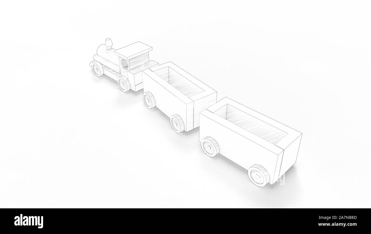 3D-Rendering für eine Spielzeugeisenbahn mit Kutschen auf weißem Hintergrund Stockfoto