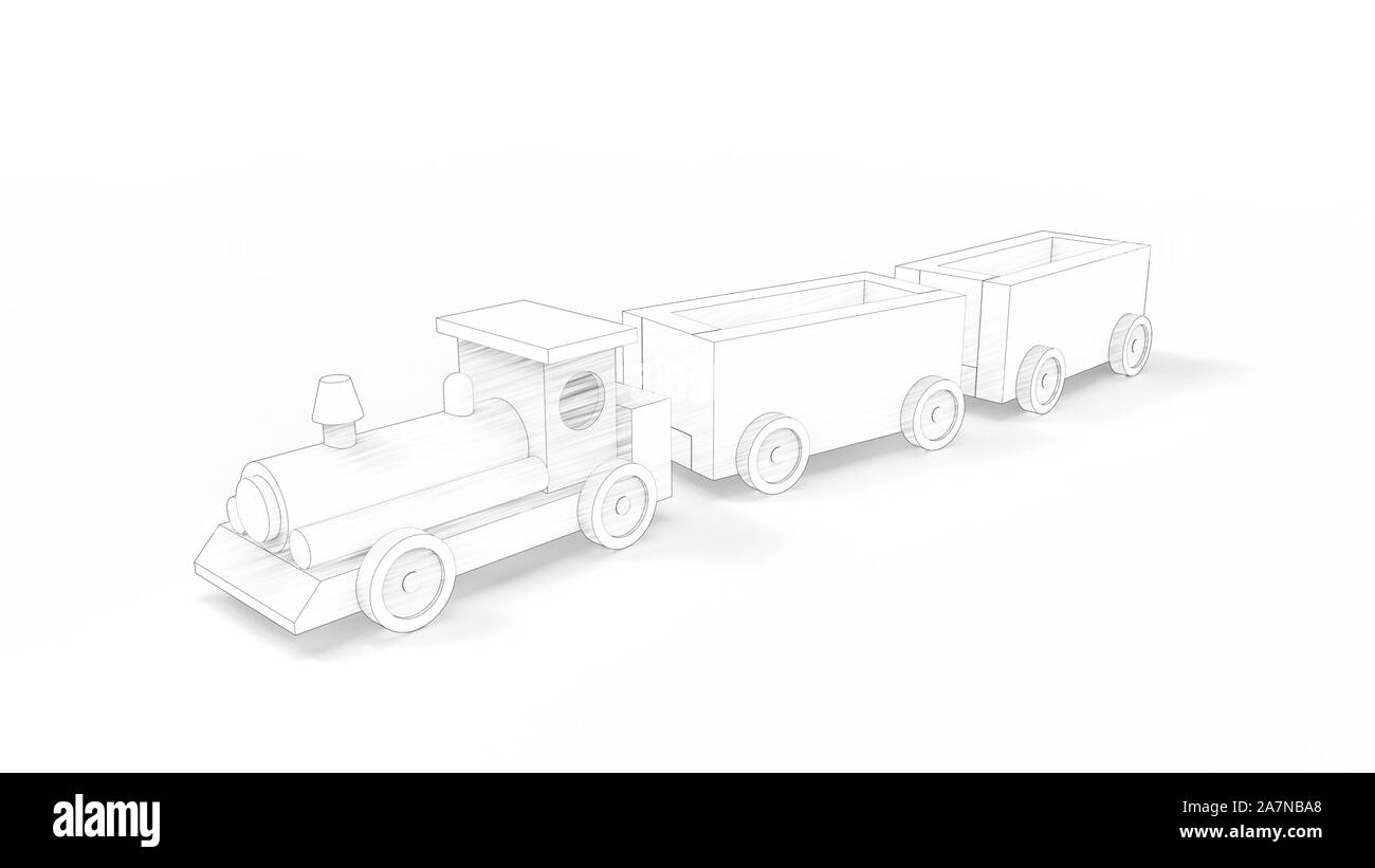 3D-Rendering für eine Spielzeugeisenbahn mit Kutschen auf weißem Hintergrund Stockfoto