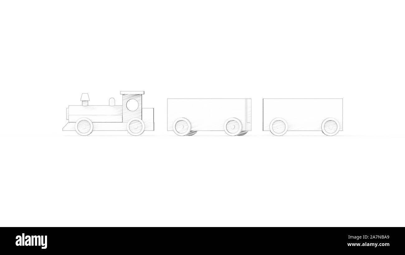 3D-Rendering für eine Spielzeugeisenbahn mit Kutschen auf weißem Hintergrund Stockfoto