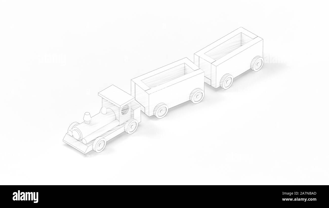 3D-Rendering für eine Spielzeugeisenbahn mit Kutschen auf weißem Hintergrund Stockfoto