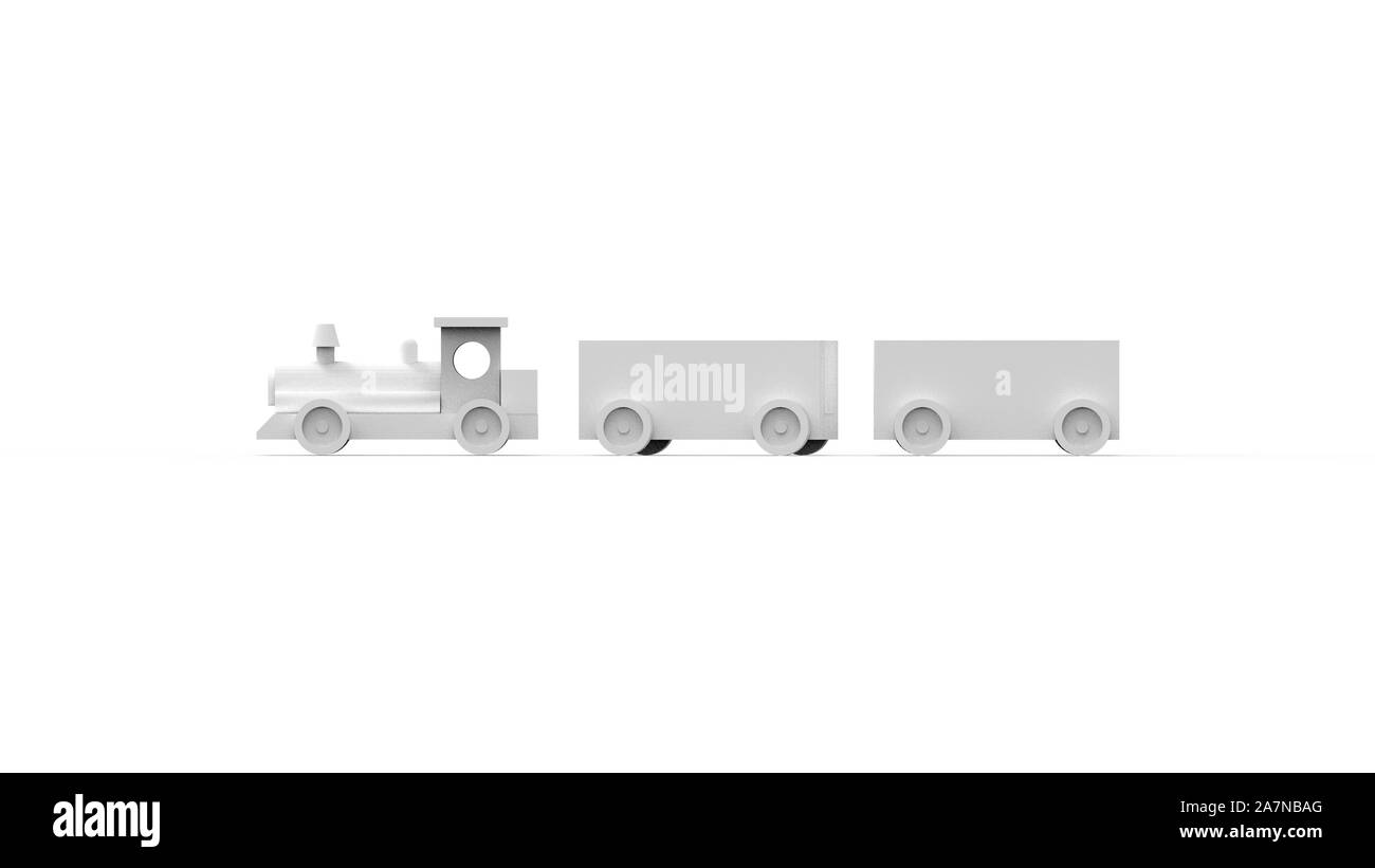 3D-Rendering für eine Spielzeugeisenbahn mit Kutschen auf weißem Hintergrund Stockfoto
