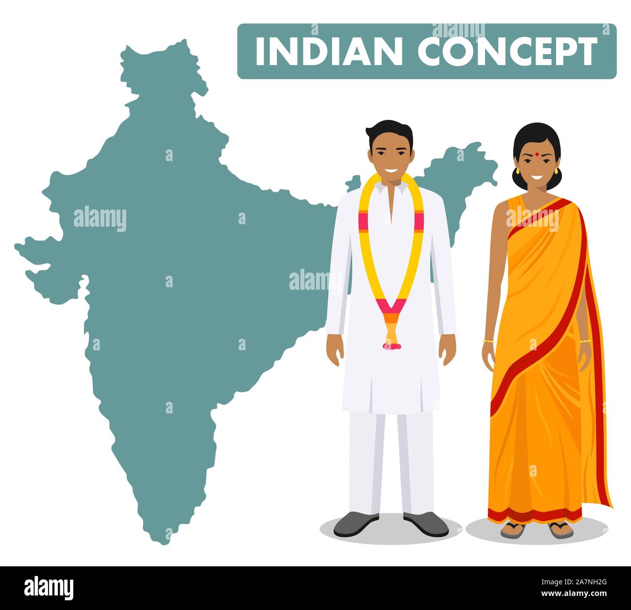 Familie und soziale Konzept. Satz von zwei ständigen zusammen indischen Mann und Frau in verschiedenen traditionellen Nationale Kleidung auf Hintergrund mit Karte von Stock Vektor