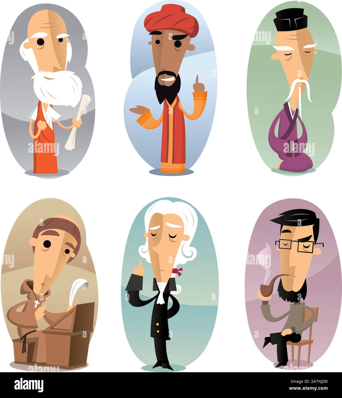 Verschiedene cartoon Philosophen durch Alter, Aristoteles, Kant, Hegel, Konfuzius, Saint, Psicologist. Stock Vektor