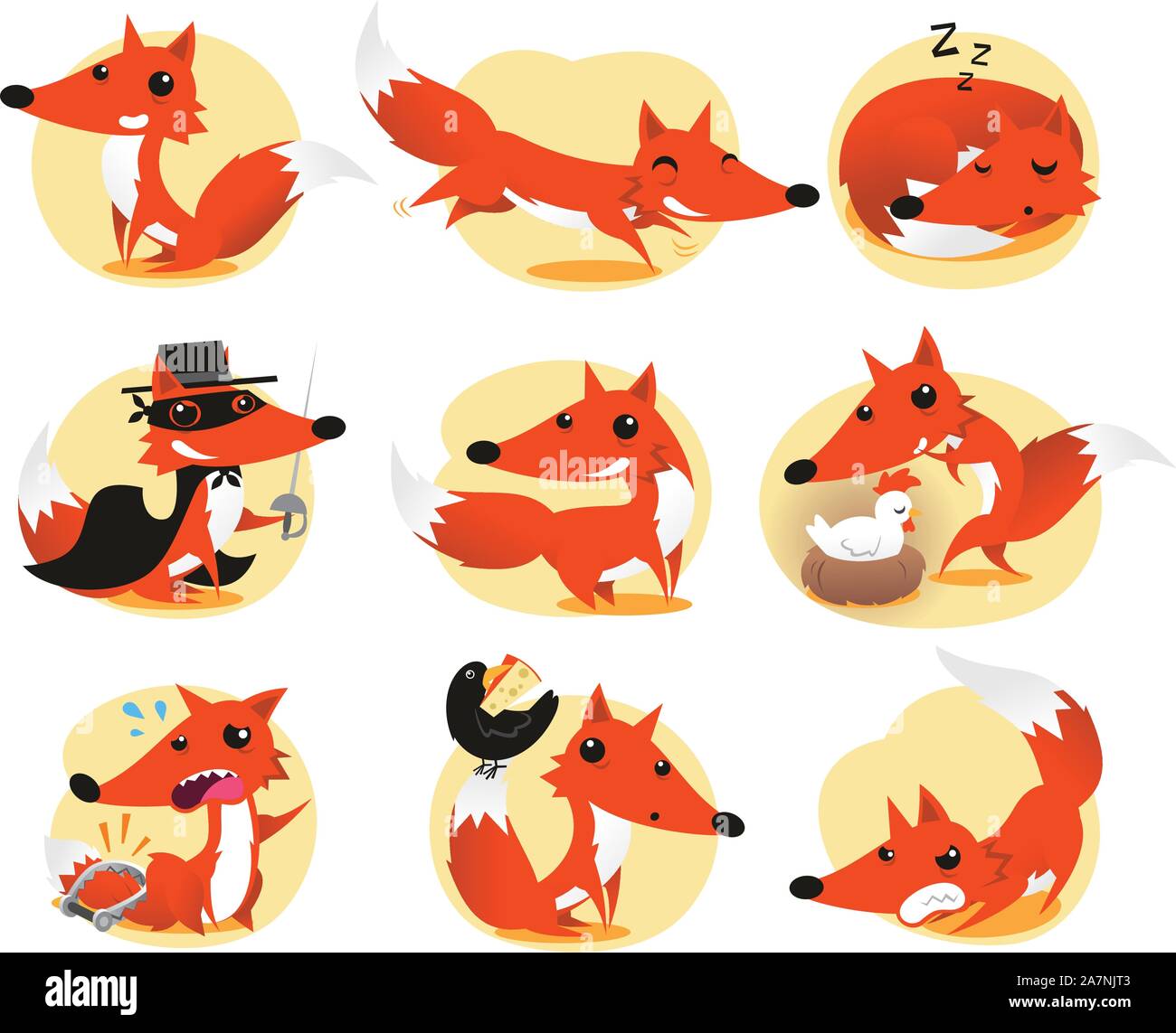 Niedlichen Fuchs cartoon Untätigkeit Set mit Fuchs in neun verschiedenen Situationen wie: posieren, laufen, schlafen, Detektiv Fuchs, Blick nach hinten, mit Huhn, Stock Vektor