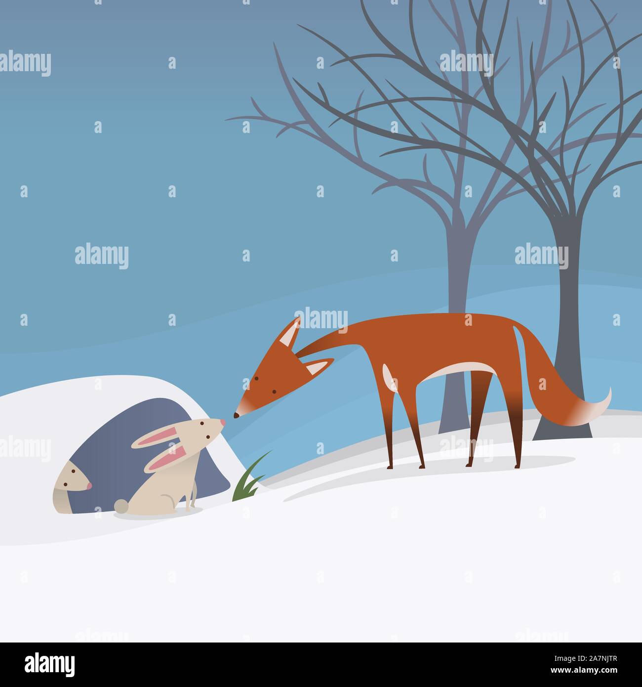 friedliche Szene ein Fuchs und ein Kaninchen zusammen in Winter, blauen Himmel Vektor-Illustration. Stock Vektor