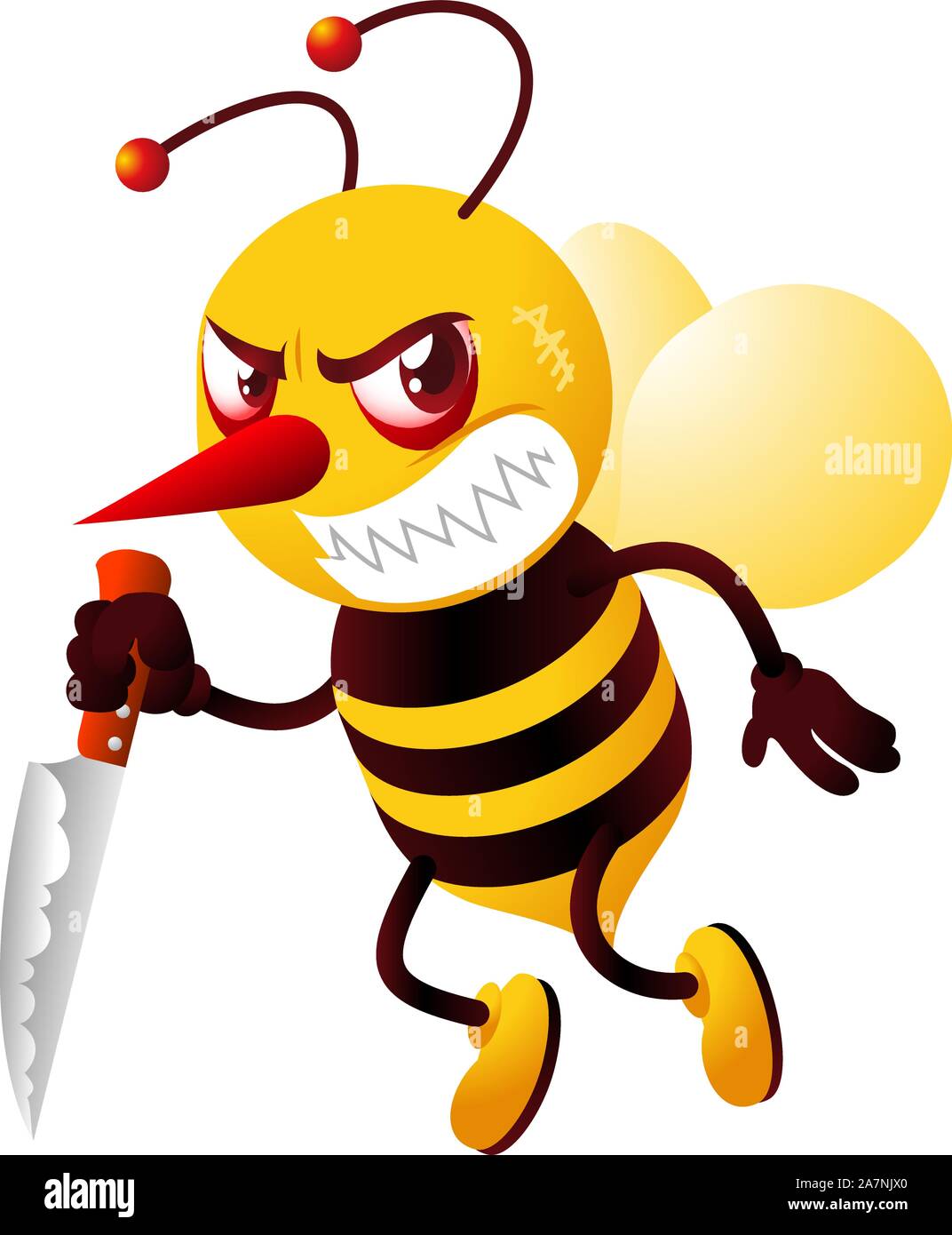 Eine verärgerte und Cholerischen Killer Bee, auf der Suche nach einem Opfer mit einem Messer mit wütenden Gesicht Vector Illustration. Stock Vektor