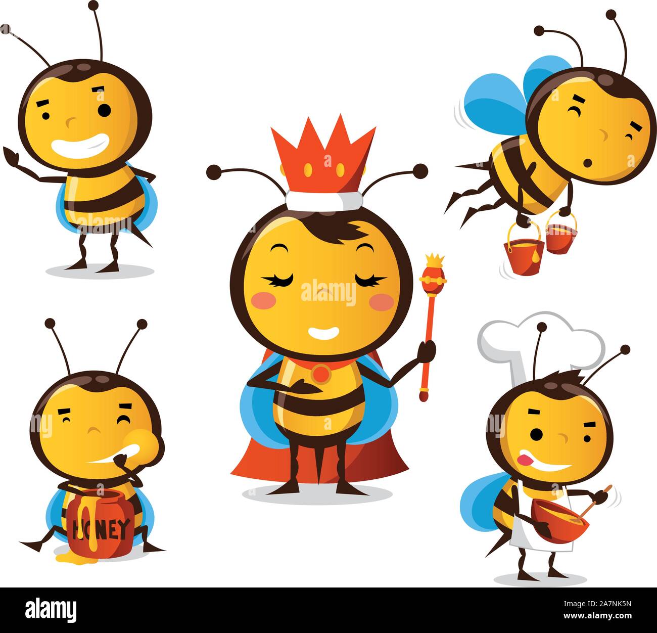 Biene-Aktion-set 1, mit 5 süße Bienen. Stand mit Bienen in verschiedenen Größen und Situationen wie Biene, Bienenkönigin, Bienen Honig, Biene, Essen Hon tragen Stock Vektor