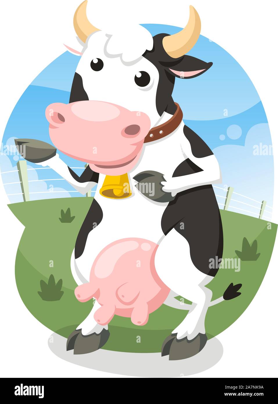 Milch Kuh stehend Glücklich mit Bell Halsband Vector Illustration Cartoon. Stock Vektor