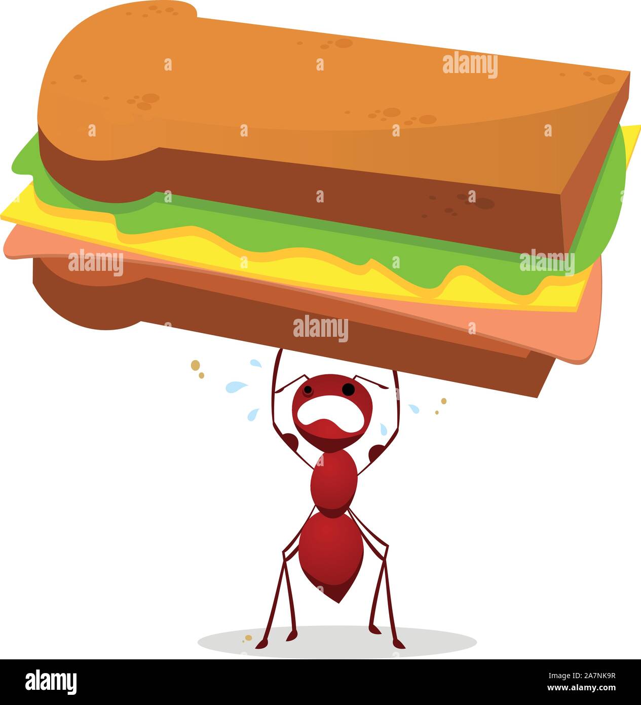 Braun Ant heben eine enorme Gewicht Sandwich mit eine braune verstärkte Ameise und ein Käse, Vektor Salat und Schinken-Illustration. Stock Vektor