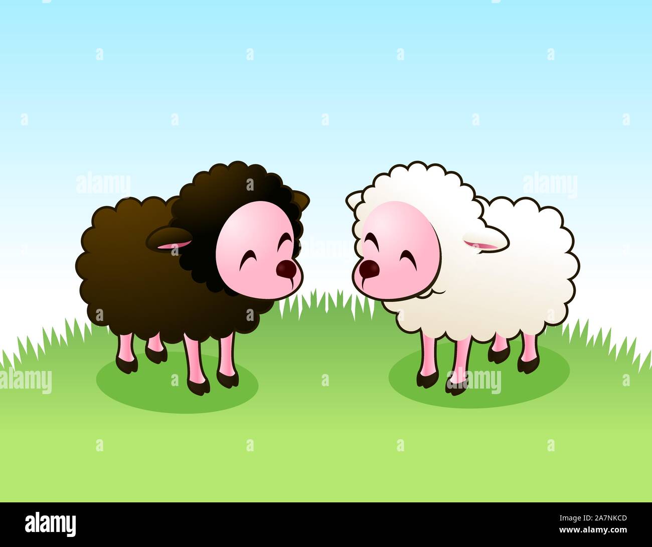 Braun Lam und weisse Schafe glücklich starrte auf jedes andere Vector Illustration. Ewe, Ram, Tup, Hammel, Hammel, Umkehrosmose, schwarze Schafe. Stock Vektor