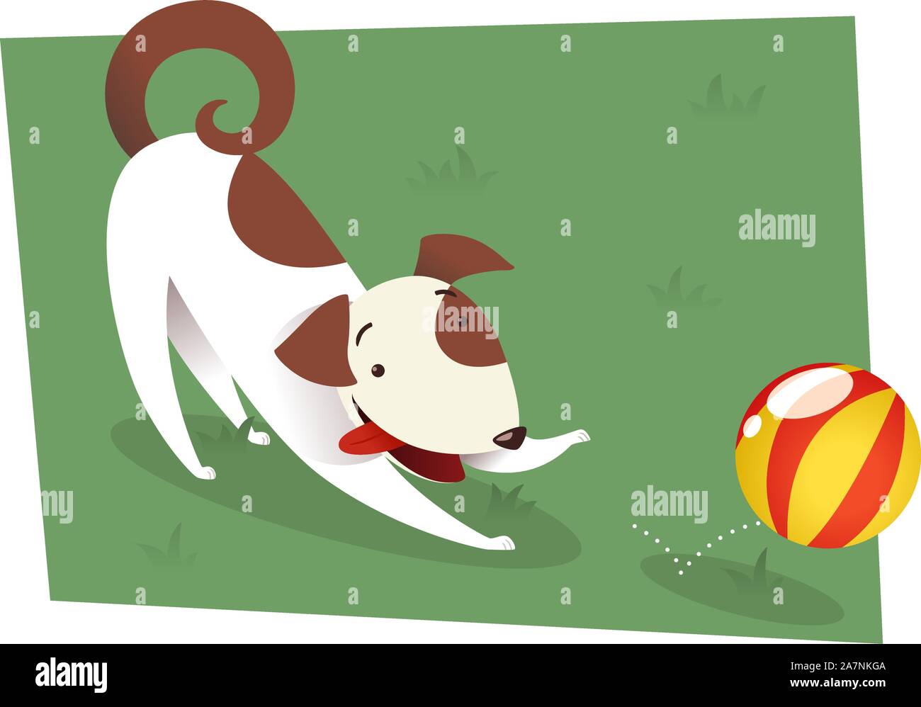 Hund spielen, um die roten und gelben Ball zu fangen. Braune und weiße Hund spielen auf dem Rasen oder einen formellen Garten mit einem Ball-Vektor-Illustration. Stock Vektor