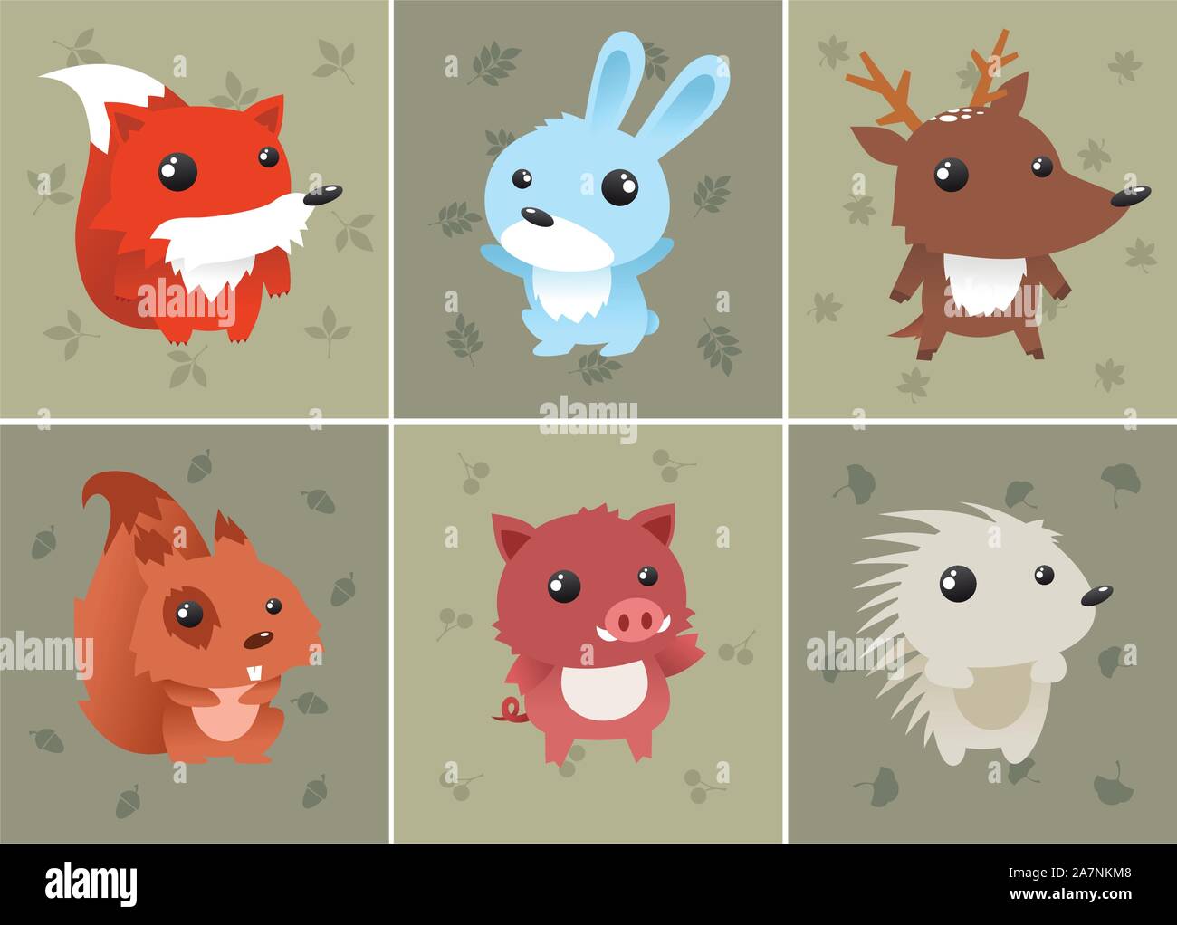 Forrest-Baby-Tiere-Set beinhaltet: Eichhörnchen, Igel, Fuchs, Hase, Reh und Wildschwein. Kann als Computer-Icons verwendet werden. Vektor-Illustration. Stock Vektor