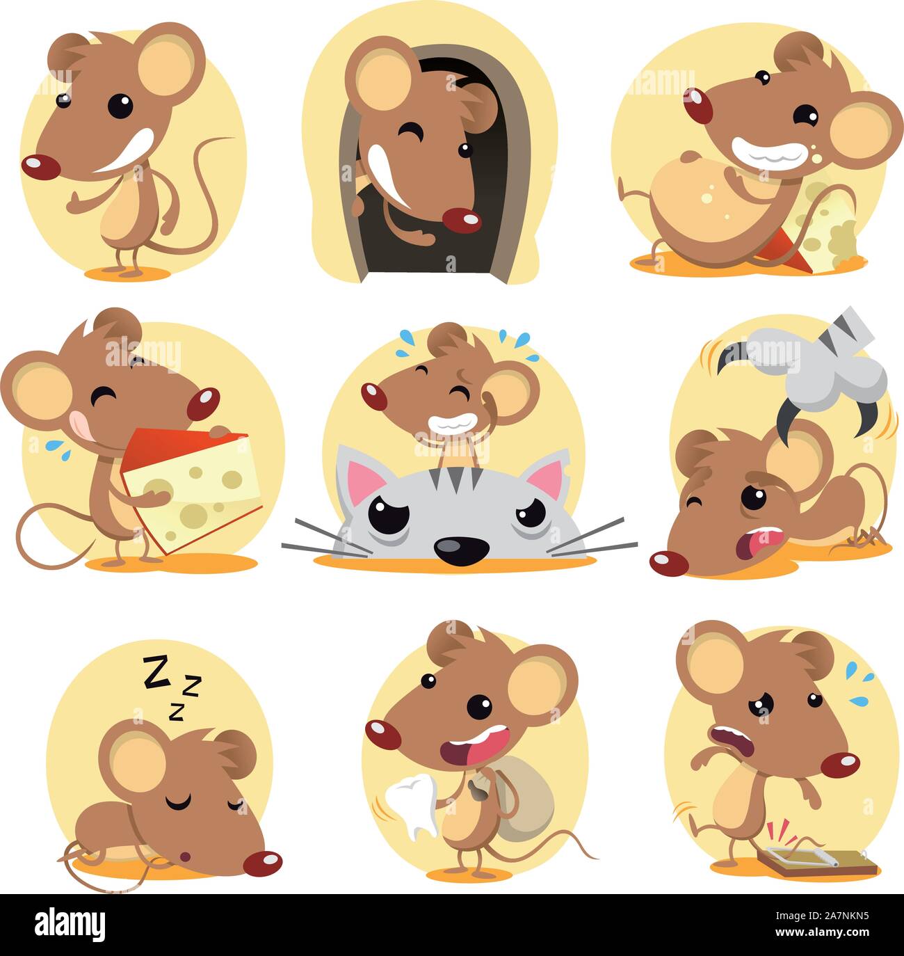 Süße braune Maus-Cartoon in Aktion gesetzt, mit neun verschiedenen Ratten in verschiedenen Situationen wie: stehend zuversichtlich, versteckt in seinem Loch, ruht auf Chee Stock Vektor