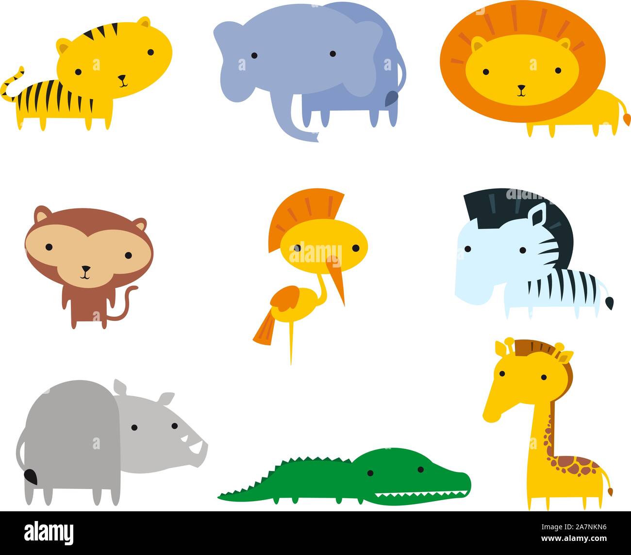 Dschungel Tiere Themen Icon-Set, mit Tiger, Elefant, Löwe, Affe, Zebra, Flusspferd, Krokodil und Giraffe-Vektor-Illustration. Stock Vektor