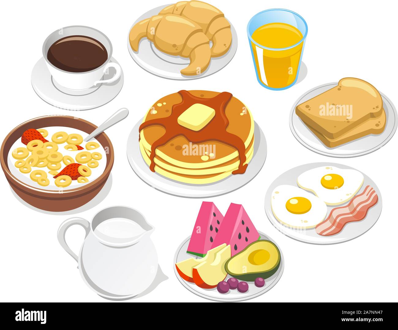 Frühstück, mit Kaffee, Croissant, ein Haufen von Pfannkuchen, Müsli Milch Schüssel, Mil-Flasche, Eier, Speck, Obst, Wassermelone, Pfirsich, Avocado, Traubenmost, Stock Vektor