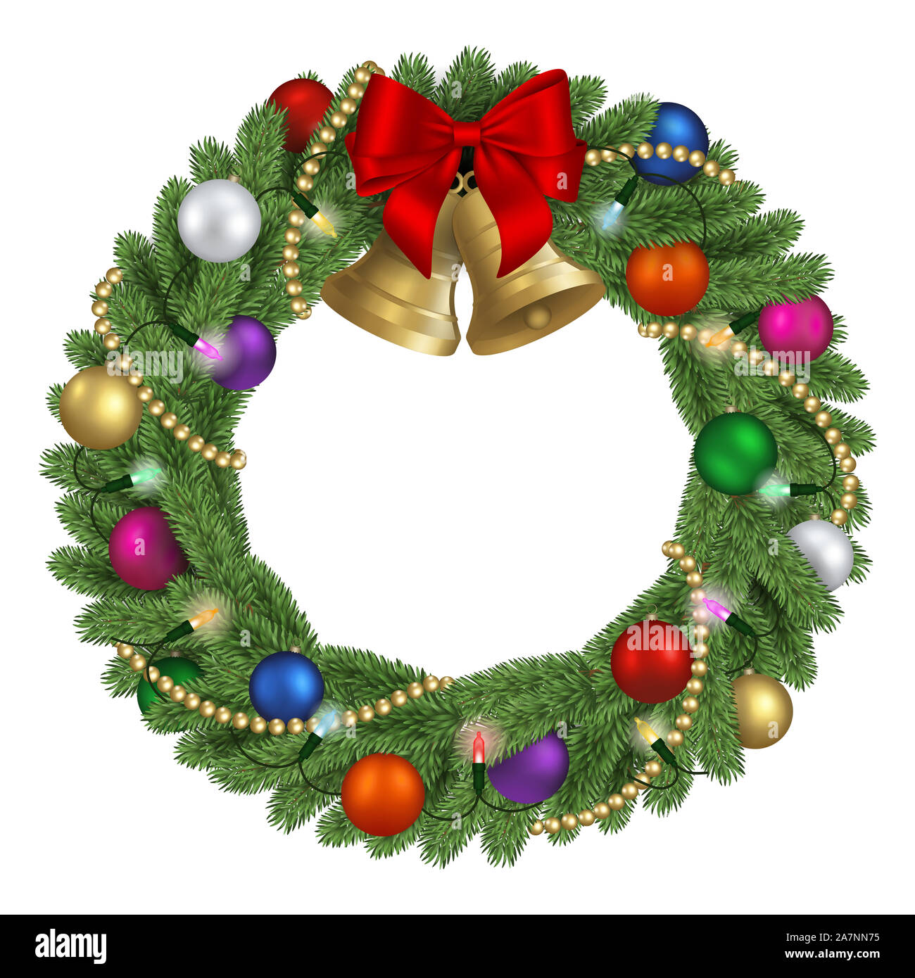 Weihnachten kiefer Kranz mit bunten Kugeln, bunte Lichter, gold perlen,  roten Bogen und goldene Glöckchen Stockfotografie - Alamy