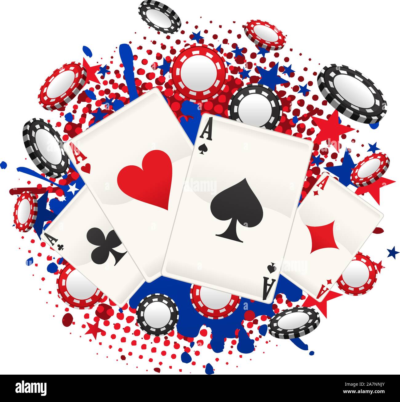 Full Ace Poker, mit Münzen und Karten splash Vector Illustration Cartoon. Stock Vektor Full Ace Poker, mit Münzen und Karten splash Vector Illustration Cartoon. Stock Vektor
